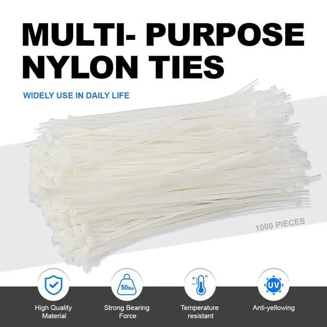 Alt view image 2 of 6 - Nylon Cable Ties, 1000Pcs 8" Self Lock Cable Zip Ties, Heavy Duty Zip Tie with 50lbs Tensile Strength, White