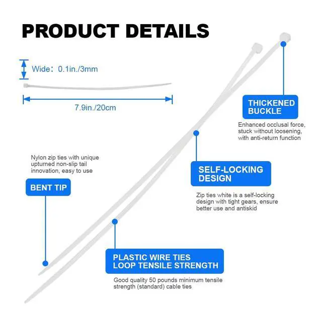 Alt view image 6 of 6 - Nylon Cable Ties, 1000Pcs 8" Self Lock Cable Zip Ties, Heavy Duty Zip Tie with 50lbs Tensile Strength, White
