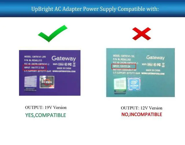 Alt view image 2 of 5 - 19V UL AC/DC Adapter Compatible with Gateway GWTN141-2 GWTN141-2BK GWTN141-2BL GWTN141-2GR GWTN141-2PR GWTN141-10 GWTN141-10BK GWTN141-10BL GWTN141-10GR GWTN141-10RG Laptop TYPE60-190-31501