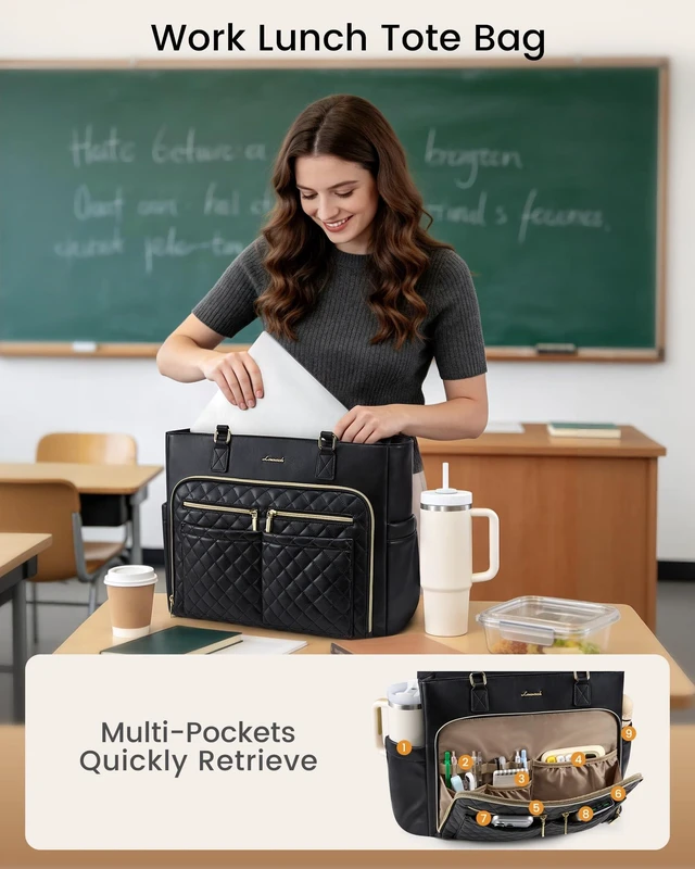 Alt view image 2 of 6 - Work Tote for Women15.6-Inch Teacher Bag with Lunch Compartment 14 Pockets PU Leather Laptop Tote with 40OZ Cup Holder, 3 in 1 Insulated Lunch Bag for Nurses, Office, Travel, Casual, Picnic