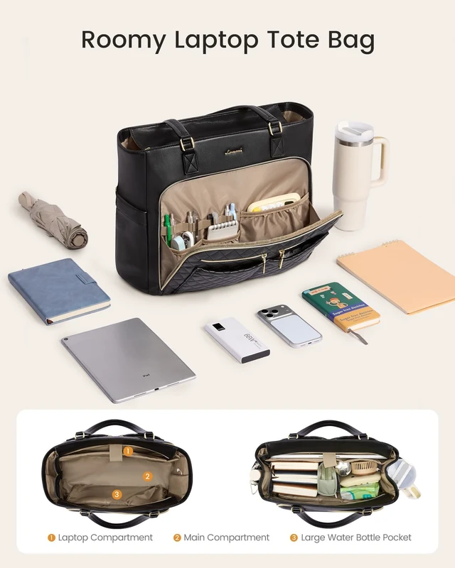 Alt view image 4 of 6 - Work Tote for Women15.6-Inch Teacher Bag with Lunch Compartment 14 Pockets PU Leather Laptop Tote with 40OZ Cup Holder, 3 in 1 Insulated Lunch Bag for Nurses, Office, Travel, Casual, Picnic