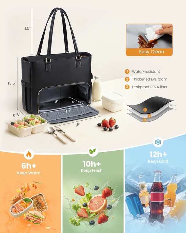 Alt view image 3 of 6 - Work Tote for Women17.3-Inch Teacher Bag with Lunch Compartment 14 Pockets PU Leather Laptop Tote with 40OZ Cup Holder, 3 in 1 Insulated Lunch Bag for Nurses, Office, Travel, Casual, Picnic
