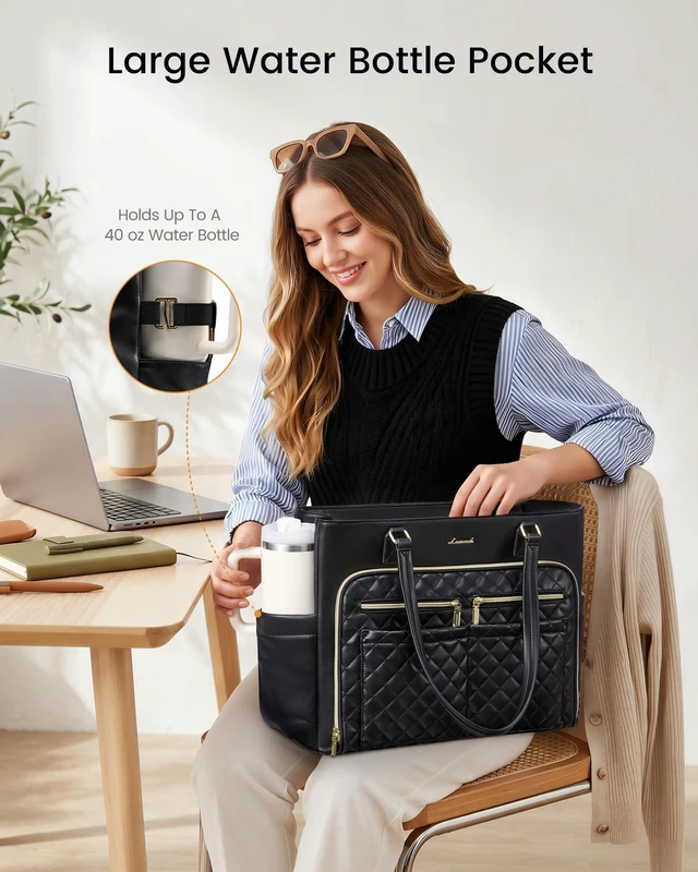 Alt view image 5 of 6 - Work Tote for Women15.6-Inch Teacher Bag with Lunch Compartment 14 Pockets PU Leather Laptop Tote with 40OZ Cup Holder, 3 in 1 Insulated Lunch Bag for Nurses, Office, Travel, Casual, Picnic