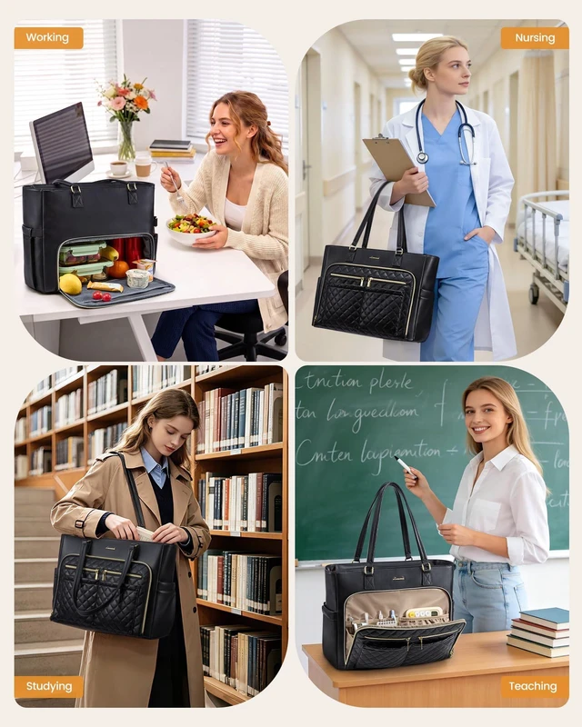 Alt view image 6 of 6 - Work Tote for Women15.6-Inch Teacher Bag with Lunch Compartment 14 Pockets PU Leather Laptop Tote with 40OZ Cup Holder, 3 in 1 Insulated Lunch Bag for Nurses, Office, Travel, Casual, Picnic