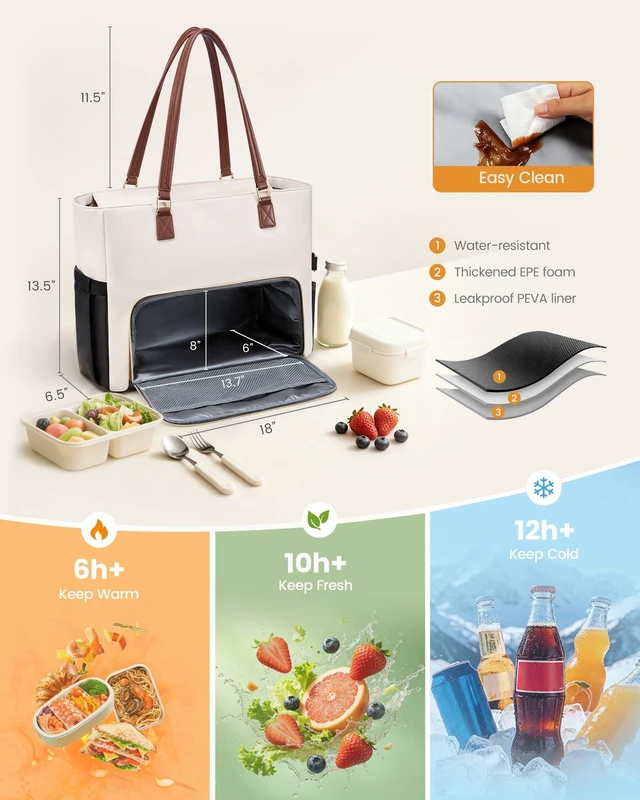 Alt view image 3 of 7 - Work Tote for Women17.3-Inch Teacher Bag with Lunch Compartment 14 Pockets PU Leather Laptop Tote with 40OZ Cup Holder, 3 in 1 Insulated Lunch Bag for Nurses, Office, Travel, Casual, Picnic