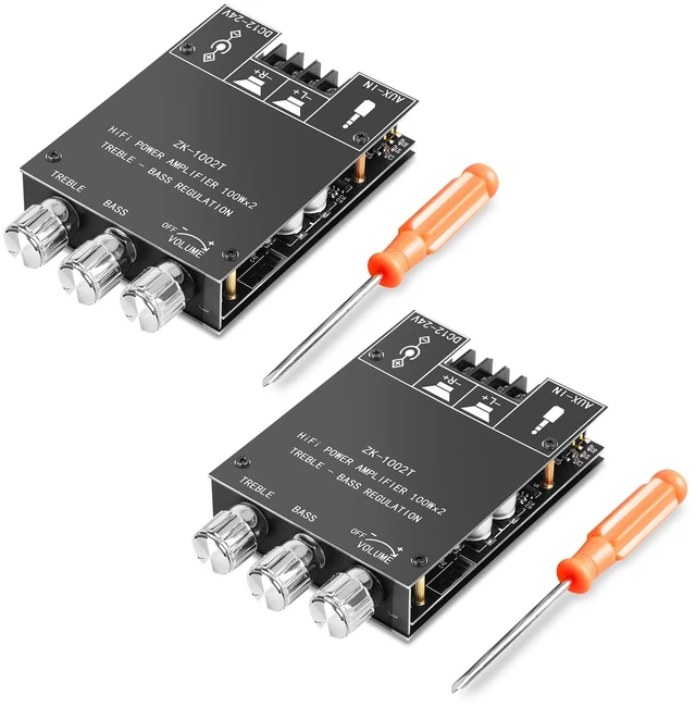 Main image of ZK-1002T Bluetooth Amplifier Board,100W+100W 2.0 Channel Amp Board w/Treble/Bass Control,DC 12-24V, BT/AUX Inputs,Audio Amp Board for Home DIY Wireless Speakers,Password Free (2PCS ZK-1002T)