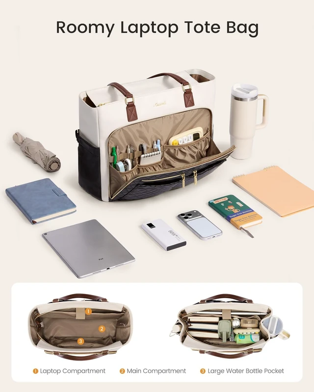 Alt view image 4 of 6 - Work Tote for Women15.6-Inch Teacher Bag with Lunch Compartment 14 Pockets PU Leather Laptop Tote with 40OZ Cup Holder, 3 in 1 Insulated Lunch Bag for Nurses, Office, Travel, Casual, Picnic