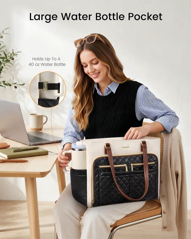 Alt view image 5 of 6 - Work Tote for Women15.6-Inch Teacher Bag with Lunch Compartment 14 Pockets PU Leather Laptop Tote with 40OZ Cup Holder, 3 in 1 Insulated Lunch Bag for Nurses, Office, Travel, Casual, Picnic