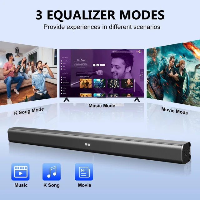 Alt view image 3 of 7 - Sound Bar, 80W SoundBar for Smart TV, Bluetooth 5.3 Soundbar, Home Theater Surround Sound, 2 in 1 Detachable Home Speaker Bass, ARC/Optical/AUX/Connections, for TV/PC/Projectors