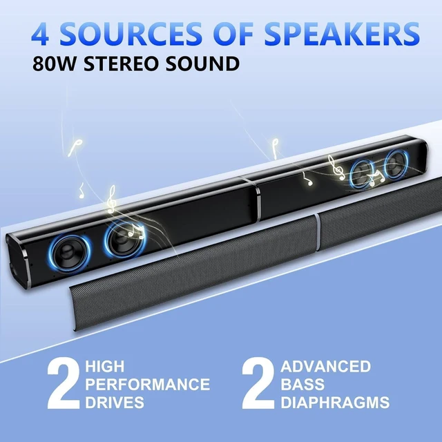 Alt view image 7 of 7 - Sound Bar, 80W SoundBar for Smart TV, Bluetooth 5.3 Soundbar, Home Theater Surround Sound, 2 in 1 Detachable Home Speaker Bass, ARC/Optical/AUX/Connections, for TV/PC/Projectors