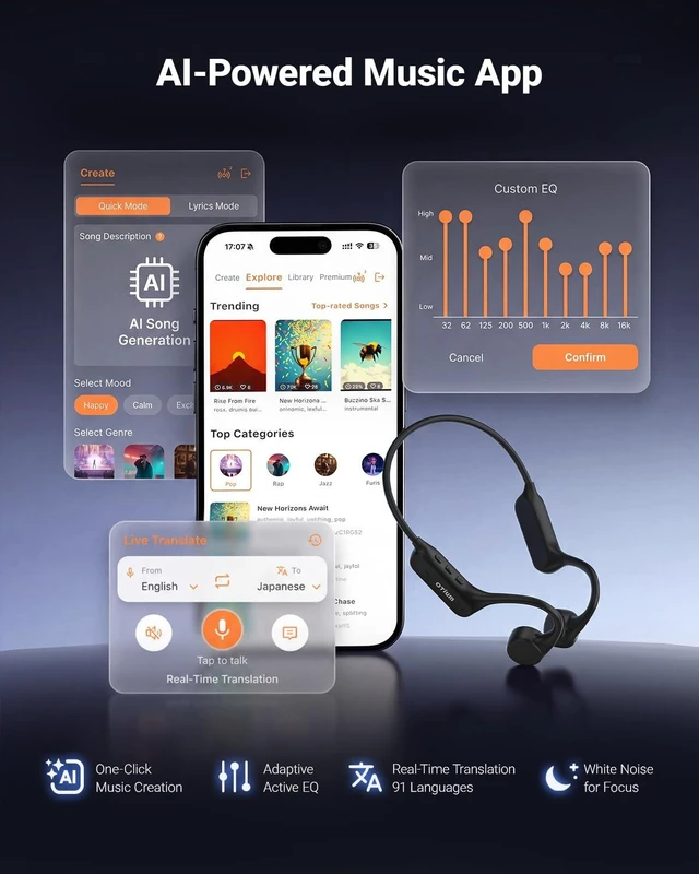 Alt view image 6 of 7 - Bone Conduction Headphones, 2026 Hybrid Stereo Open Ear Headphones Hybrid Bone & Air Drivers Open Ear Earbuds, Bluetooth 6.0, AI Music App, 12H Playtime, IPX6 Waterproof, Running Headphones