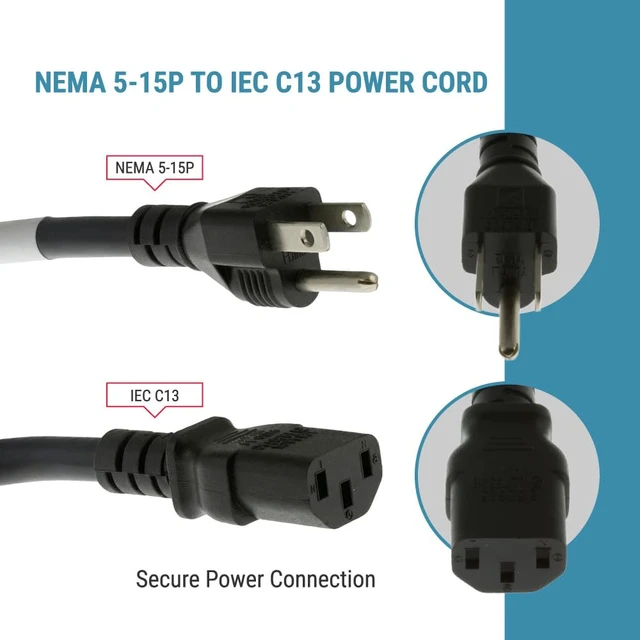 Alt view image 4 of 7 - Heavy Duty AC Power Cord 4ft (1.2m), 14AWG NEMA 5-15P to C13 3 Prong Replacement Power Cord, 15A/125V, 14 AWG, NEMA 5-15P to IEC 60320 C13 for PC, Monitor and Workstation Devices