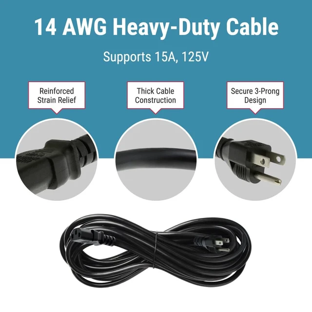 Alt view image 5 of 7 - Heavy Duty AC Power Cord 4ft (1.2m), 14AWG NEMA 5-15P to C13 3 Prong Replacement Power Cord, 15A/125V, 14 AWG, NEMA 5-15P to IEC 60320 C13 for PC, Monitor and Workstation Devices