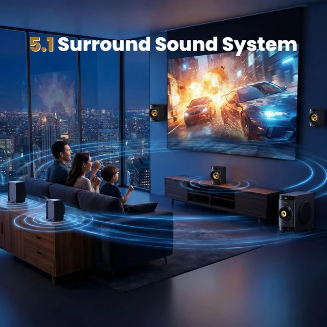 Alt view image 5 of 7 - Home Theater Surround Sound System for TV, 4" Subwoofer 400W Peak 5.1 Wired Satellite Speakers Audio Stereo Systems Support ARC Optical Bluetooth Input for Projector