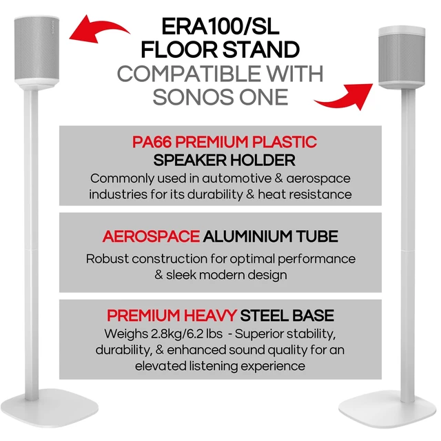 Alt view image 3 of 7 - ERA 100 Floor Stand, Twin (2pcs), White, Double, Pair Compatible with Sonos ERA 100 & ERA 100 SL, Sonos ONE & Play:1 Speakers, Accessories Included. UK Design, Height 36in / 920mm