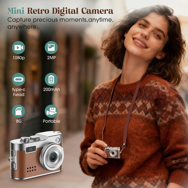 Alt view image 2 of 7 - Keychain Camera, Mini Digital Camera 1080P HD with Flash Brown Video Recording, 8G Card Included, Portable and Compact Retro Vlog Camera for Travel, Kids