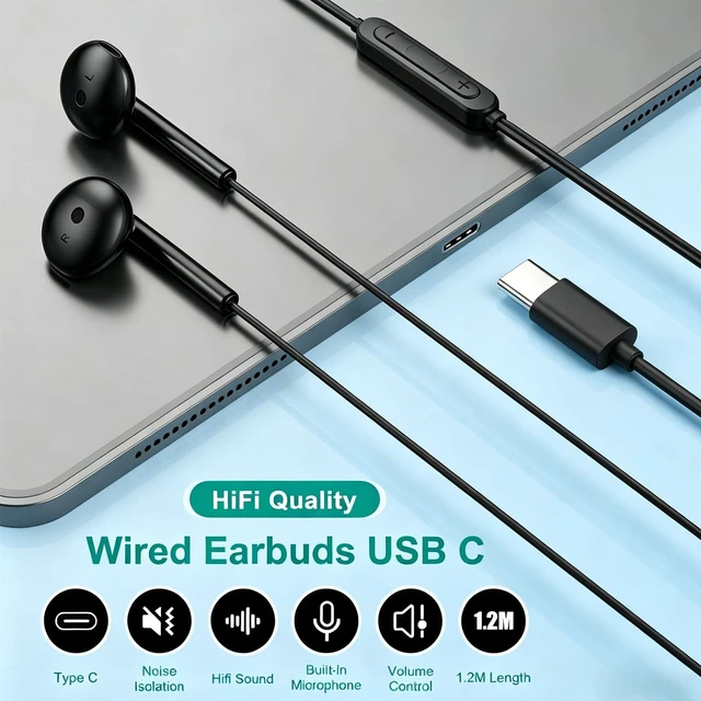Alt view image 3 of 7 - USB C Headphones Wired for iPhone 18 17 16 15, iPad, Mac, Earbuds Type C Earphones for iPhone 18 17 16 15 Pro Max Plus, iPad Air Mini, Mac, Samsung S26-S20, Google Pixel, Lenovo, Mic, Volume Control