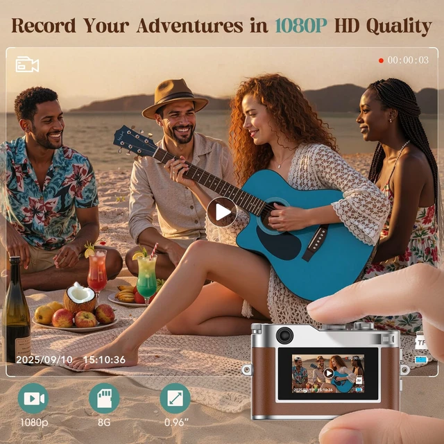 Alt view image 3 of 7 - Keychain Camera, Mini Digital Camera 1080P HD with Flash Brown Video Recording, 8G Card Included, Portable and Compact Retro Vlog Camera for Travel, Kids