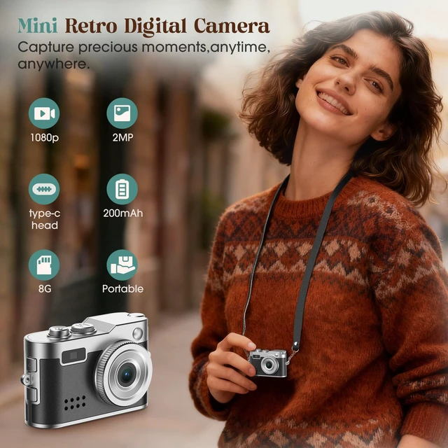Alt view image 2 of 7 - Mini Digital Camera, Keychain Camera 1080P HD with 2MP Lens, Flash, Video Recording, 8G Card Included, Portable and Compact Retro Vlog Camera for Travel, Kids, Black