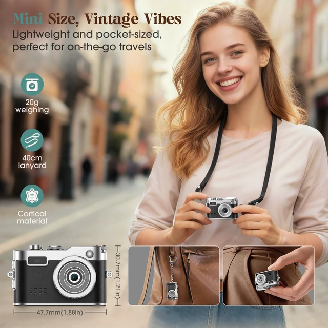 Alt view image 4 of 7 - Mini Digital Camera, Keychain Camera 1080P HD with 2MP Lens, Flash, Video Recording, 8G Card Included, Portable and Compact Retro Vlog Camera for Travel, Kids, Black