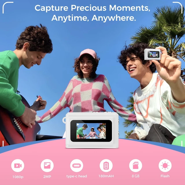 Alt view image 2 of 7 - Mini Keychain Digital Camera, Y2K Pocket-Size Mini Camera, 2MP 1080P Small Camera with 8GB Card, Video Recorder with Long Battery Life for Travel, Party and Vlog (White)
