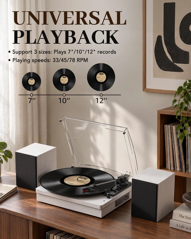 Alt view image 2 of 7 - ® Record Player with Speakers, 3-Speed Bluetooth Turntable Belt-Driven, Bluetooth Input, USB Playback, Auto Stop, AUX Headphone Input and RCA Out, Plays 7/10/12" Records, 33/45/78 RPM