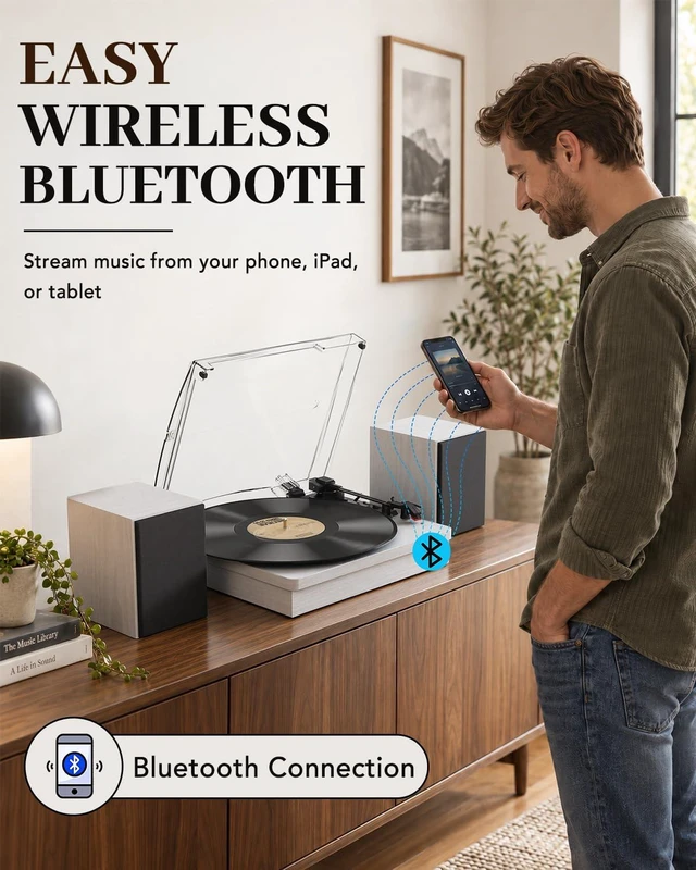 Alt view image 4 of 7 - ® Record Player with Speakers, 3-Speed Bluetooth Turntable Belt-Driven, Bluetooth Input, USB Playback, Auto Stop, AUX Headphone Input and RCA Out, Plays 7/10/12" Records, 33/45/78 RPM