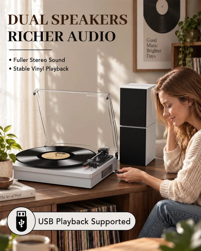 Alt view image 7 of 7 - ® Record Player with Speakers, 3-Speed Bluetooth Turntable Belt-Driven, Bluetooth Input, USB Playback, Auto Stop, AUX Headphone Input and RCA Out, Plays 7/10/12" Records, 33/45/78 RPM