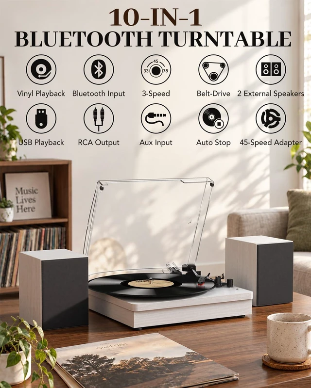Alt view image 5 of 7 - ® Record Player with Speakers, 3-Speed Bluetooth Turntable Belt-Driven, Bluetooth Input, USB Playback, Auto Stop, AUX Headphone Input and RCA Out, Plays 7/10/12" Records, 33/45/78 RPM