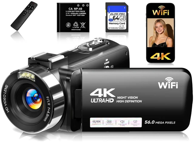 Main image of 4K Video Camera Camcorder with 64GB SD Card, 56MP WiFi Vlogging Camera for YouTube, IR Night Vision, 3.0" Touch Screen, 18X Zoom, Webcam & Remote, Black