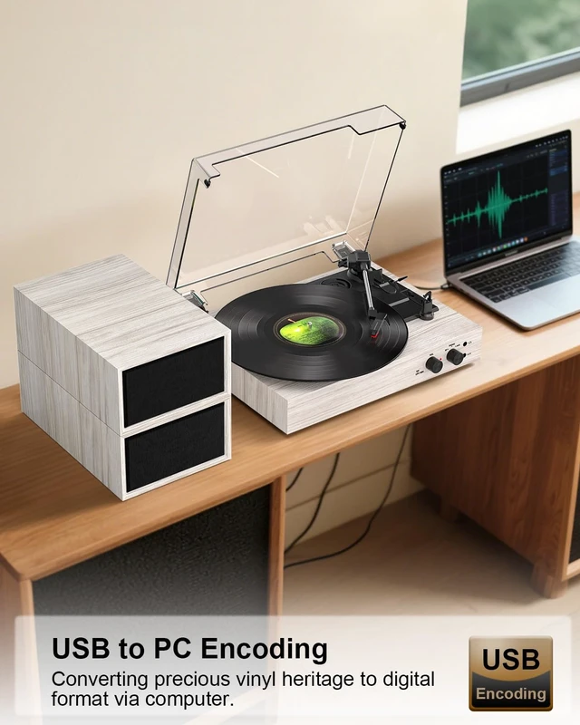 Alt view image 3 of 7 - Vinyl Record Player with 2 External Speakers, PC Recording, Oak 3-speed belt-drive turntable, Bluetooth input, RCA/AUX/headphone, vintage home audio for bedrooms, living rooms and gifts