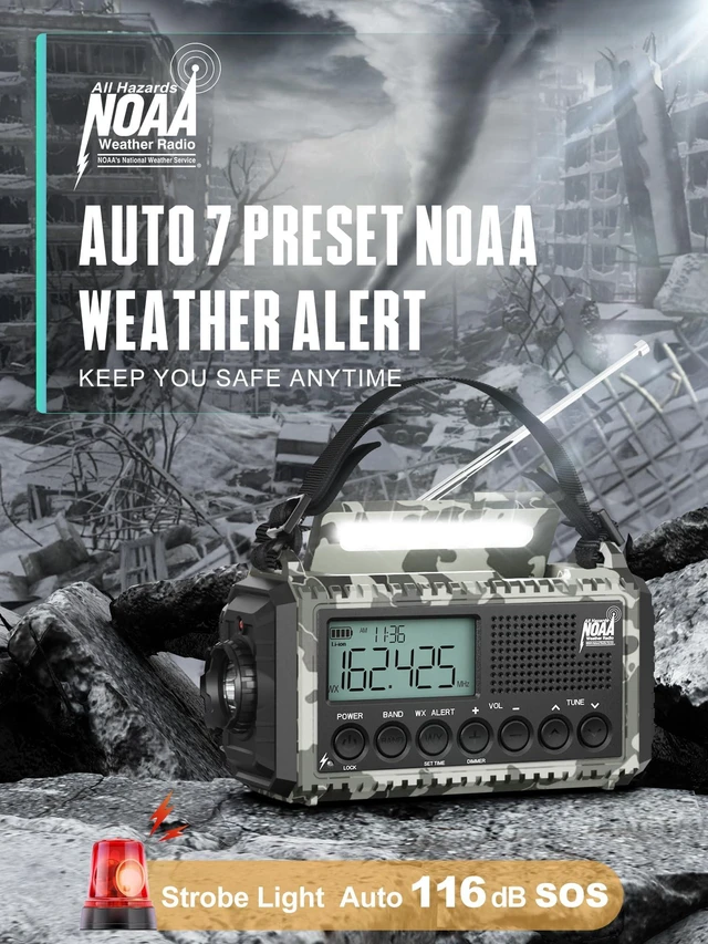 Alt view image 2 of 7 - Emergency Radio Hand Crank, Auto NOAA Weather Alert Portable Radio Crank Radio 2X Faster, 12000mAh Battery, 6-Way Power, Weather/SW/AM/FM, Flashlight, SOS Alarm