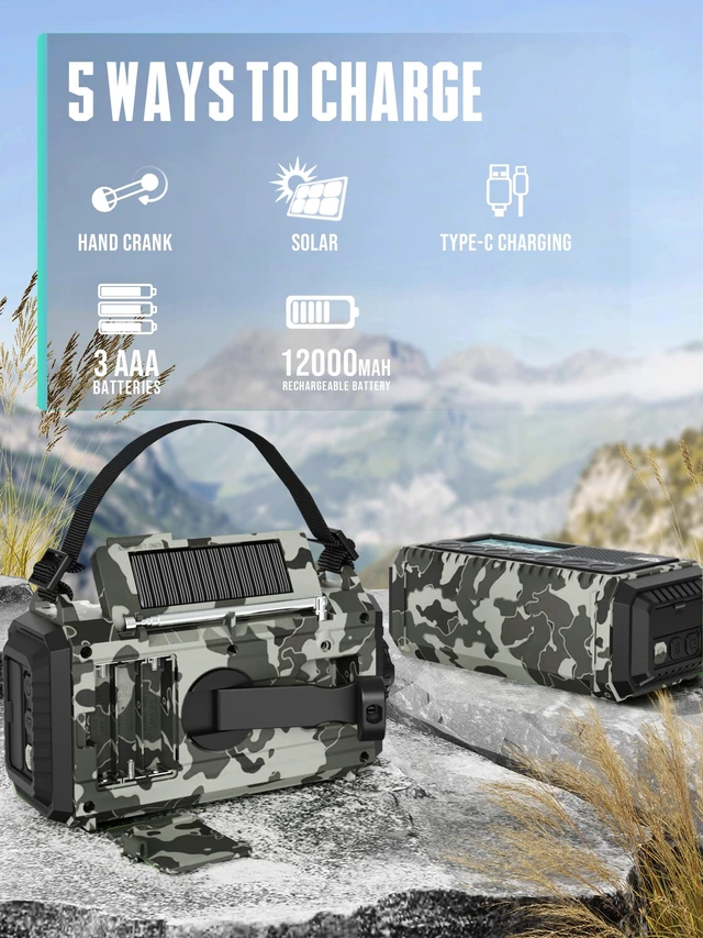 Alt view image 4 of 7 - Emergency Radio Hand Crank, Auto NOAA Weather Alert Portable Radio Crank Radio 2X Faster, 12000mAh Battery, 6-Way Power, Weather/SW/AM/FM, Flashlight, SOS Alarm