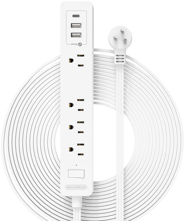 Main image of Flat Extension Cord 15 ft, Ultra Thin Flat Extension Cord Under Rug, Door, Wall Mount Power Strip Flat Plug with 4 Outlets 2 USB A + USB C, Overload Protection for Home Office Indoor, White