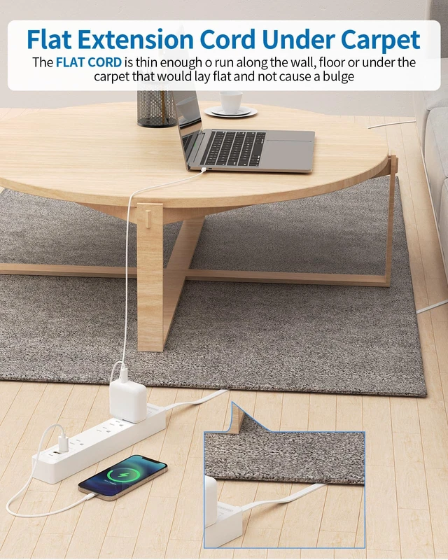 Alt view image 2 of 6 - Flat Extension Cord 15 ft, Ultra Thin Flat Extension Cord Under Rug, Door, Wall Mount Power Strip Flat Plug with 4 Outlets 2 USB A + USB C, Overload Protection for Home Office Indoor, White