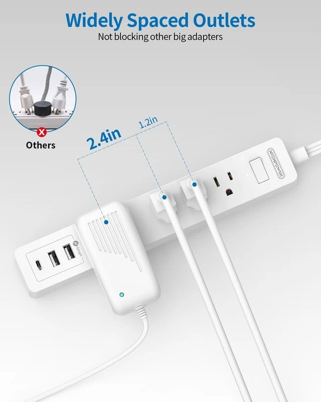 Alt view image 4 of 6 - Flat Extension Cord 15 ft, Ultra Thin Flat Extension Cord Under Rug, Door, Wall Mount Power Strip Flat Plug with 4 Outlets 2 USB A + USB C, Overload Protection for Home Office Indoor, White