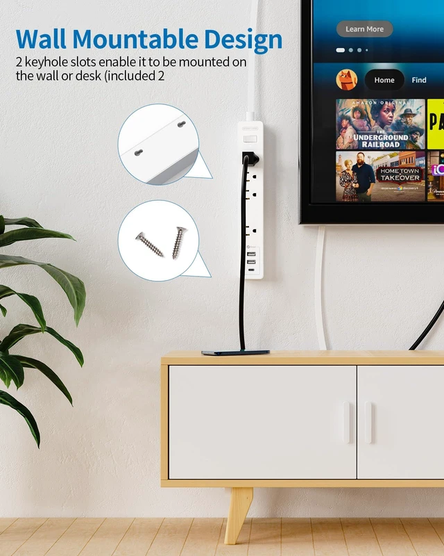 Alt view image 5 of 6 - Flat Extension Cord 15 ft, Ultra Thin Flat Extension Cord Under Rug, Door, Wall Mount Power Strip Flat Plug with 4 Outlets 2 USB A + USB C, Overload Protection for Home Office Indoor, White