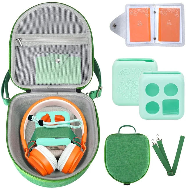 Main image of Hard Case Compatible with Yoto Mini (2024 Edition), 3-in-1 Travel Bundle: Silicone Cover + Case with Shoulder Strap (Fits Mini Player & Headphones) + Up to 10 Card Holder for YOTO Cards (Green)