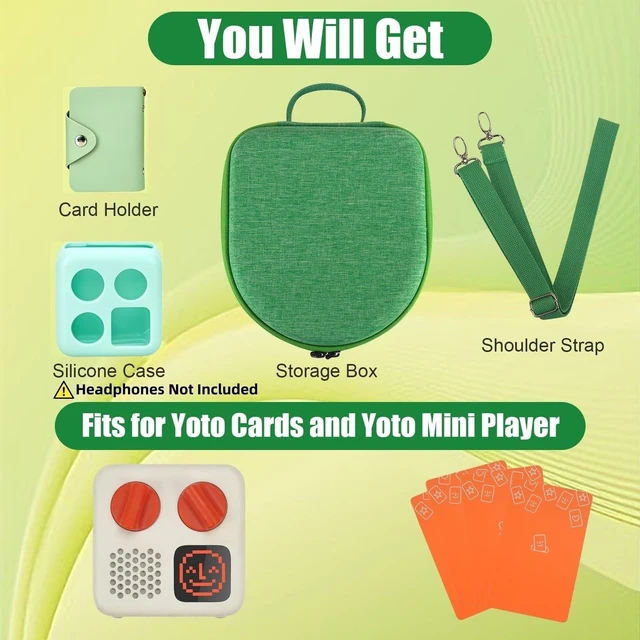Alt view image 2 of 7 - Hard Case Compatible with Yoto Mini (2024 Edition), 3-in-1 Travel Bundle: Silicone Cover + Case with Shoulder Strap (Fits Mini Player & Headphones) + Up to 10 Card Holder for YOTO Cards (Green)