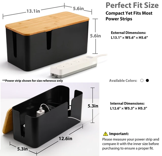 Alt view image 3 of 7 - Large Cable Management Box, Thick ABS Power Strip Organizer, Black Extra-Tall Design for Oversized Adapters, Natural Bamboo Lid, Fits Power Strips Up to 12.5" Long, Ideal for Desks, TV Areas