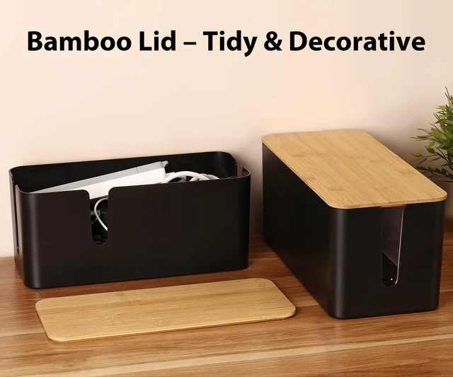 Alt view image 2 of 7 - Large Cable Management Box, Thick ABS Power Strip Organizer, Black Extra-Tall Design for Oversized Adapters, Natural Bamboo Lid, Fits Power Strips Up to 12.5" Long, Ideal for Desks, TV Areas