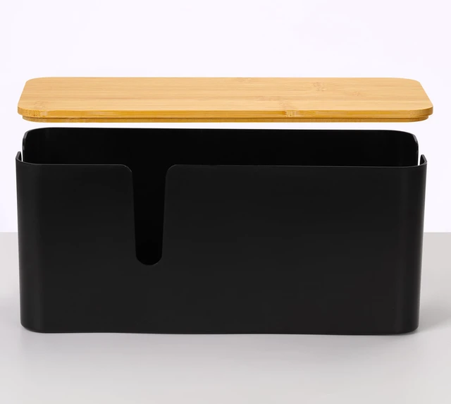 Alt view image 5 of 7 - Large Cable Management Box, Thick ABS Power Strip Organizer, Black Extra-Tall Design for Oversized Adapters, Natural Bamboo Lid, Fits Power Strips Up to 12.5" Long, Ideal for Desks, TV Areas
