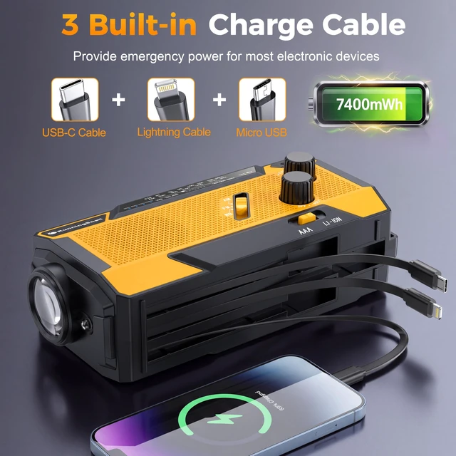 Alt view image 2 of 7 - Hand Crank Emergency Radio with 3 Built-in Cable for Hurricane AM/FM/NOAA Weather Radio with 7400mWh Battery, Hand Crank Solar Radio with Flashlight & SOS Siren for Outdoor & Emergency