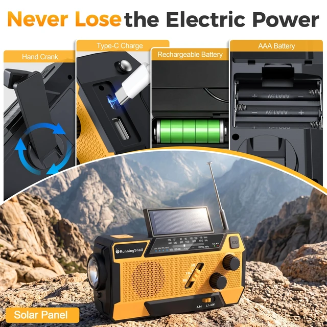 Alt view image 5 of 7 - Hand Crank Emergency Radio with 3 Built-in Cable for Hurricane AM/FM/NOAA Weather Radio with 7400mWh Battery, Hand Crank Solar Radio with Flashlight & SOS Siren for Outdoor & Emergency