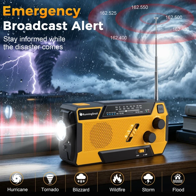 Alt view image 3 of 7 - Hand Crank Emergency Radio with 3 Built-in Cable for Hurricane AM/FM/NOAA Weather Radio with 7400mWh Battery, Hand Crank Solar Radio with Flashlight & SOS Siren for Outdoor & Emergency