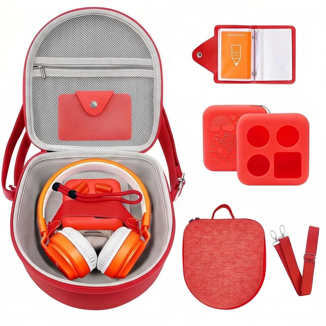 Main image of Hard Case Compatible with Yoto Mini (2024 Edition), 3-in-1 Travel Bundle: Silicone Cover + Case with Shoulder Strap (Fits Mini Player & Headphones) + Up to 10 Card Holder for YOTO Cards (Red)