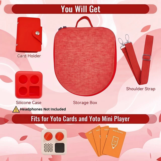 Alt view image 2 of 7 - Hard Case Compatible with Yoto Mini (2024 Edition), 3-in-1 Travel Bundle: Silicone Cover + Case with Shoulder Strap (Fits Mini Player & Headphones) + Up to 10 Card Holder for YOTO Cards (Red)