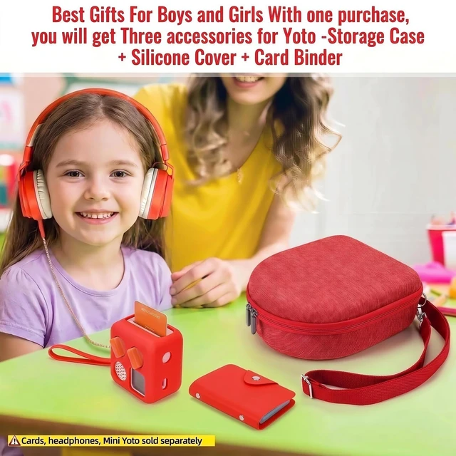Alt view image 4 of 7 - Hard Case Compatible with Yoto Mini (2024 Edition), 3-in-1 Travel Bundle: Silicone Cover + Case with Shoulder Strap (Fits Mini Player & Headphones) + Up to 10 Card Holder for YOTO Cards (Red)