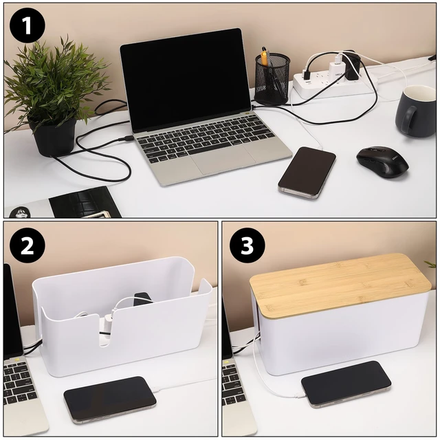 Alt view image 7 of 7 - Large Cable Management Box, Thick ABS Power Strip Organizer, Black Extra-Tall Design for Oversized Adapters, Natural Bamboo Lid, Fits Power Strips Up to 12.5" Long, Ideal for Desks, TV Areas
