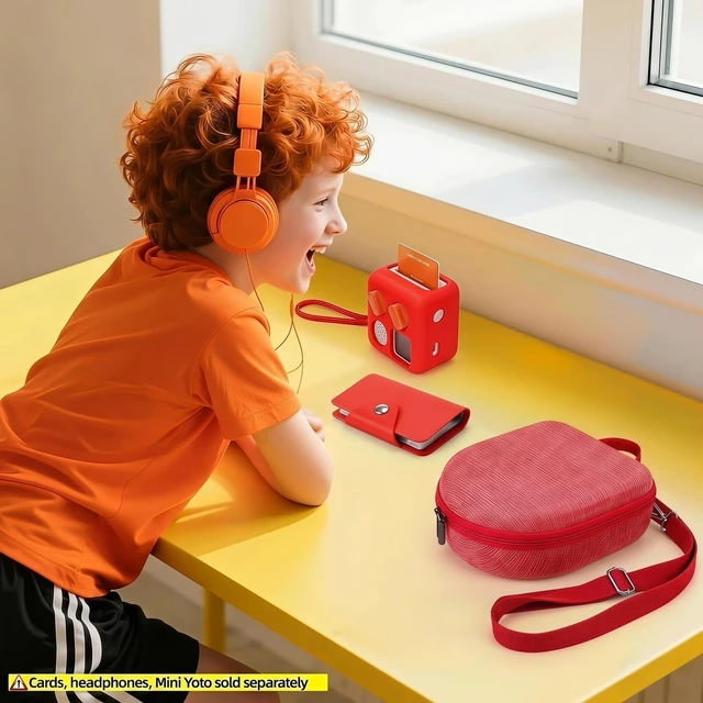 Alt view image 5 of 7 - Hard Case Compatible with Yoto Mini (2024 Edition), 3-in-1 Travel Bundle: Silicone Cover + Case with Shoulder Strap (Fits Mini Player & Headphones) + Up to 10 Card Holder for YOTO Cards (Red)
